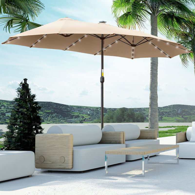 Outsunny Doppel-Gartenschirm mit Kurbel und 48 Solar-LED-Lichtern, Khaki, Durchmesser: 4,5 m - Bild 2