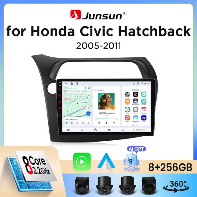 Junsun Wireless CarPlay und Android Auto Autoradio für Honda Civic Hatchback Mk8 (FN/FK) 2005-2011 in Schwarz mit GPS-Navigation, WiFi, Bluetooth und integriertem Lüfter - Bild 1