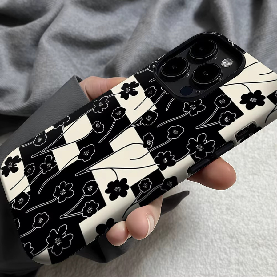 Casegame Matte Bumper MagSafe Hülle für iPhone 17 16 15 14 13 Pro Max mit Karomuster und Blumenskizze in Multicolour - Bild 5