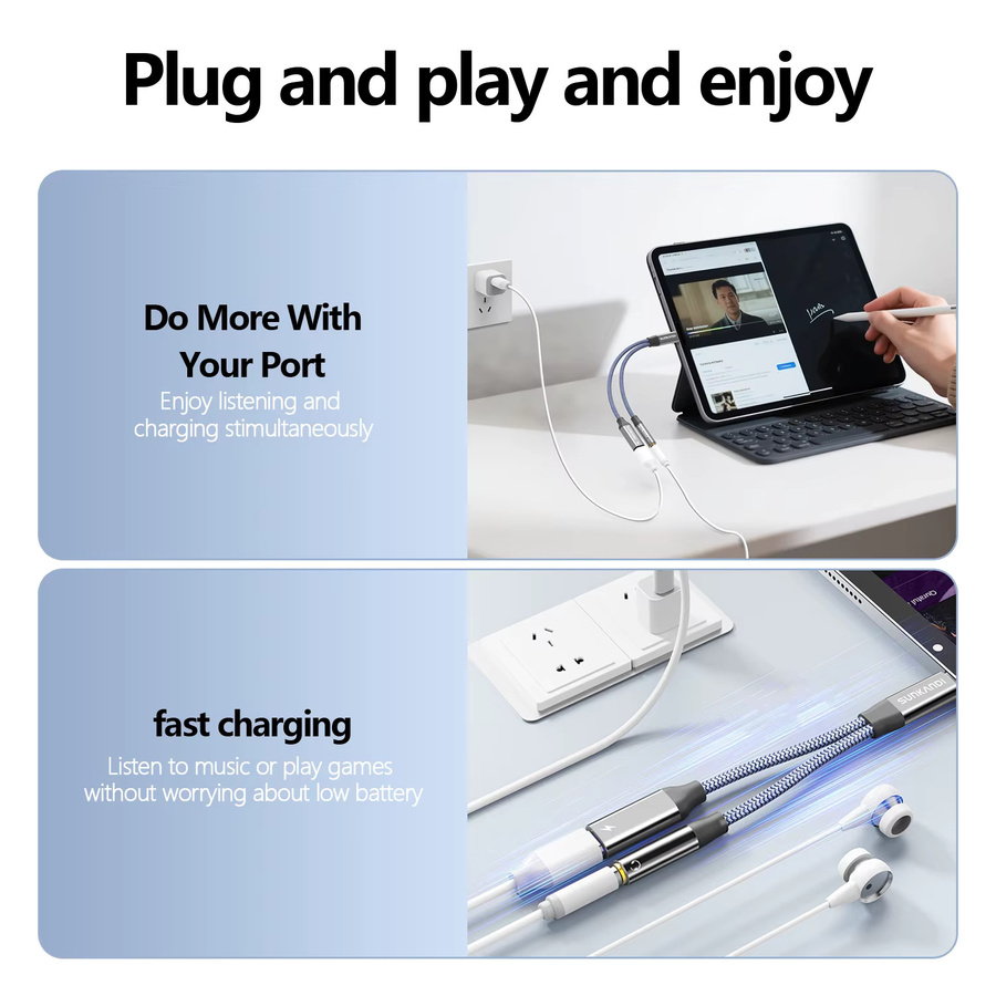 SUNKANDI 2-in-1 Dongle-Adapter in Grau: Lightning auf 3,5-mm-Kopfhöreranschluss und Dual Lightning für Audio und Laden - Bild 2