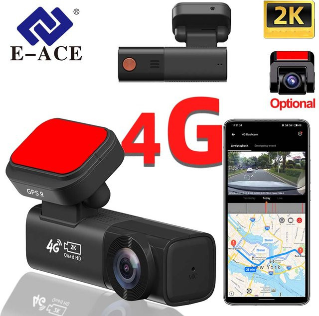 E-ACE Mini 4G LTE Autokamera mit Live-Stream, 2K DVR Dashcam mit Dual-Kameras, GPS-Tracking und 1080P Rückkamera, Schwarz - Bild 1
