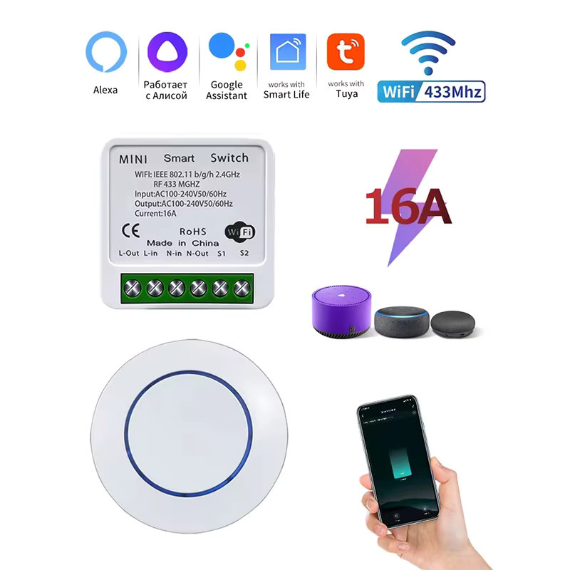 Tuya Smart Switch WiFi RF 433MHz Mini Runder Panelschalter mit Alexa und Google Home Sprachsteuerung, Weiß - Bild 3