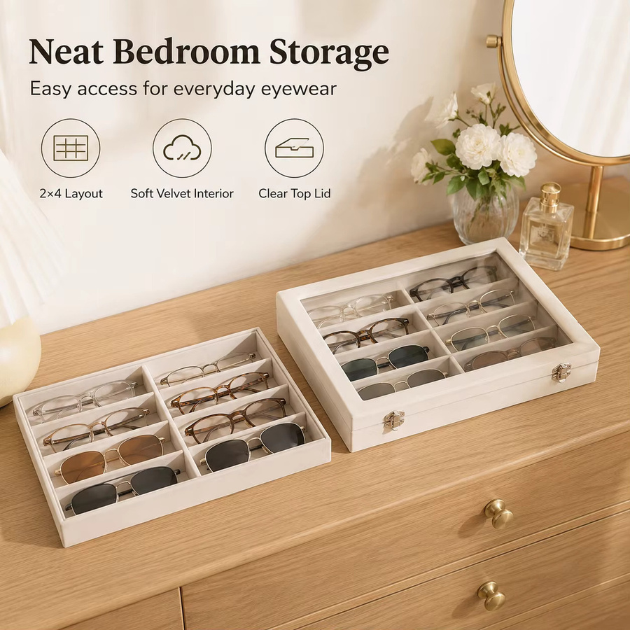 Meltset Sonnenbrillen-Aufbewahrungsbox mit 8 Fächern aus Samt in Beige als Brillenorganizer und Schmuckhalter für Schublade oder Schrank - Bild 2