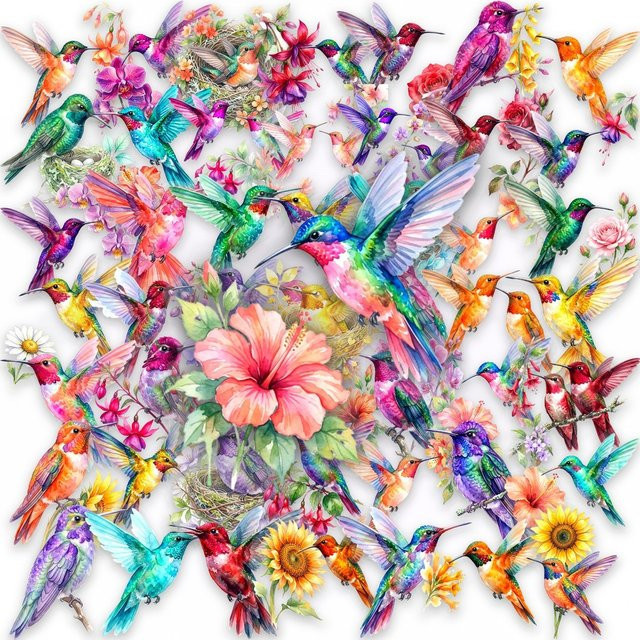 50 Stück Aquarell-Kolibri-Blumen-Aufkleber aus PET in Multicolour von AnimeWorlds Store für dein Tagebuch und DIY-Dekoration - Bild 1
