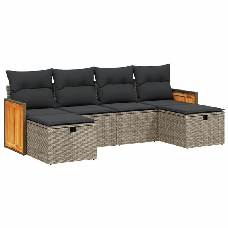 vidaXL 6-teilige Garten-Sofagarnitur in L-Form aus Poly Rattan in Grau mit Polsterkissen und Ottoman - Bild 2