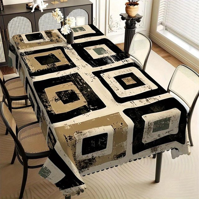Schmutzabweisende Tischdecke von JMG Household Supplies mit abstraktem geometrischem Muster in Schwarz und Beige, quadratisch, B/T: 140 x 140 cm - Bild 1