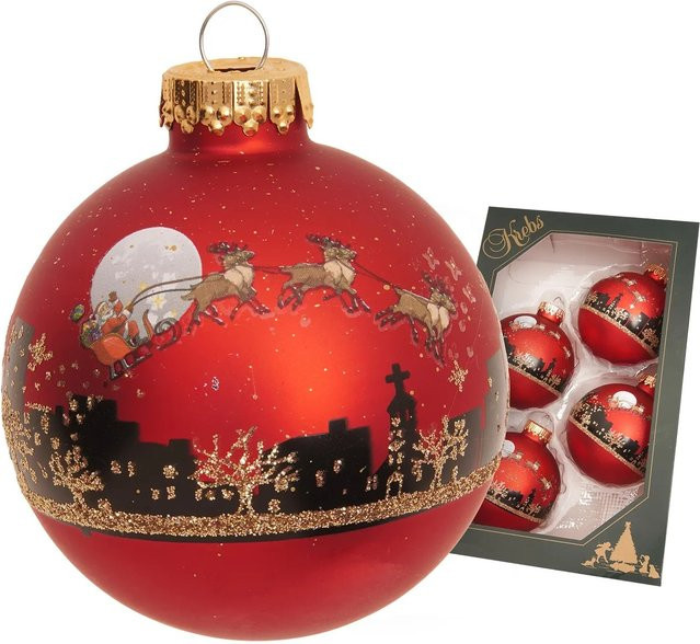 Krebs Glas Lauscha Weihnachtskugel Santa mit Rentieren in Rot, Durchmesser: 7 cm - Bild 1