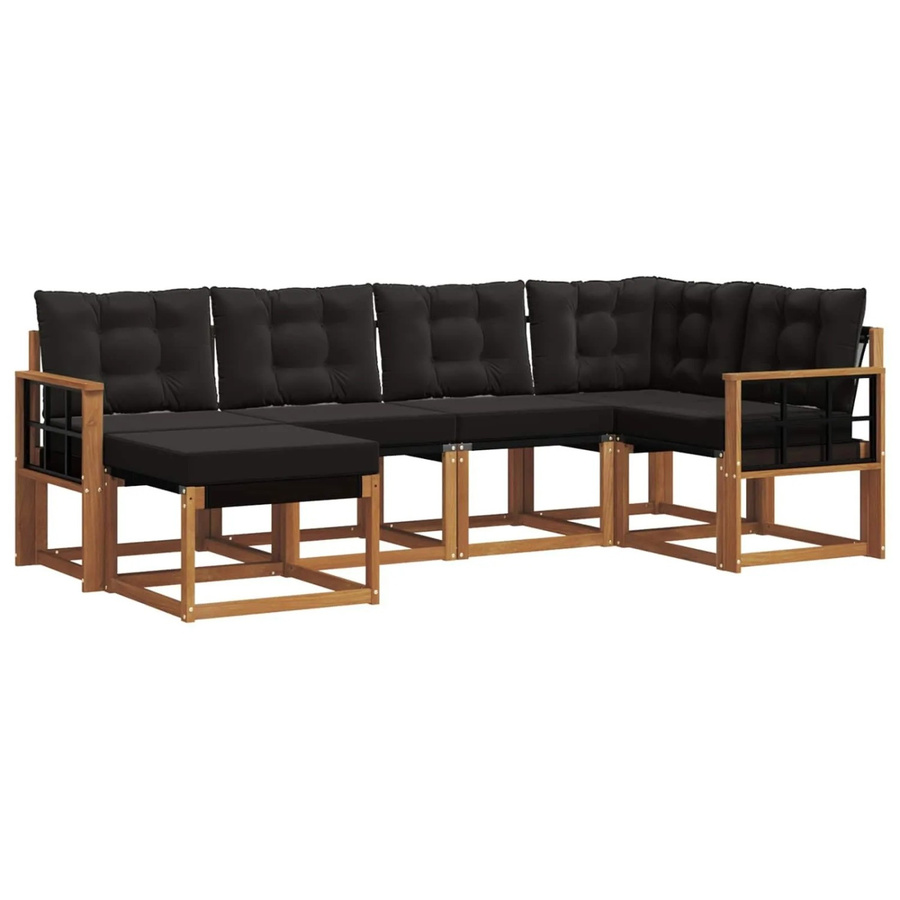 vidaXL Outdoor-Sofagarnitur 6-teilig L-Form aus Akazienholz und Textilene in Schwarz und Natur mit Kissen - Bild 2