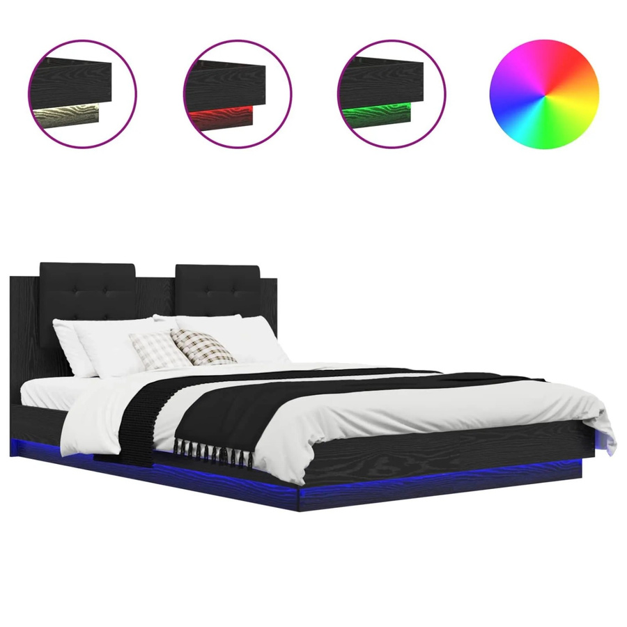 vidaXL Bettgestell mit Kopfteil in Schwarz Eichen-Optik mit USB-Ladeport und Unterbettbeleuchtung, B/T/H: 120 x 200 x 103,5 cm - Bild 2