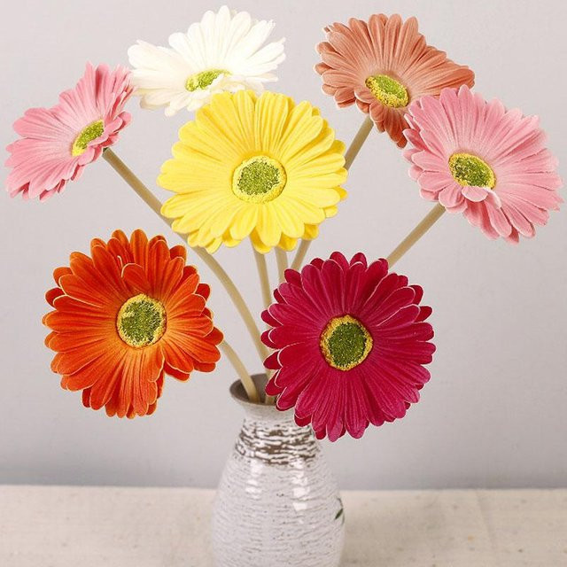 7 Stück künstliche Gerbera Blumen in Gelb von SaiMili Light für Tischdekoration und Hochzeit im INS Stil - Bild 1