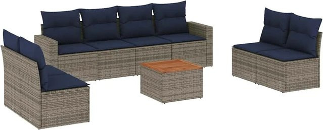vidaXL 9-teilige Garten-Sofagarnitur aus Poly-Rattan und Akazienholz in Grau mit Kissen - Bild 1