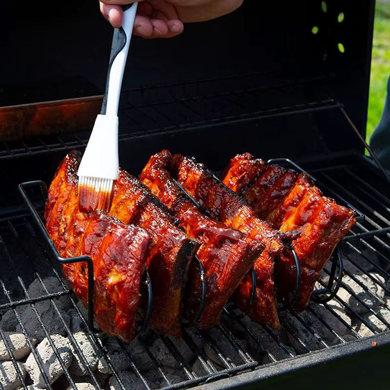 LMETJMA BBQ-Rippenständer aus emailliertem Stahl für Gasgrills, Schwarz/Silber, B/T/H: 31,3 x 25,3 x 7,3 cm - Bild 3