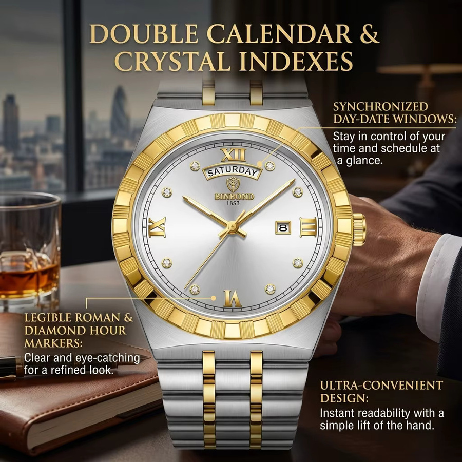 BINBOND Armbanduhr Edelstahl, Bicolor, Gold, Quarz, Herren - Bild 2