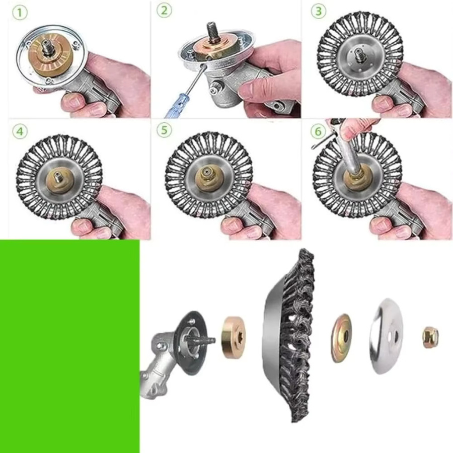 Unkrautbürstenkopf aus Stahldraht mit Adapter-Set für Rasenmäher, Silber - Bild 6