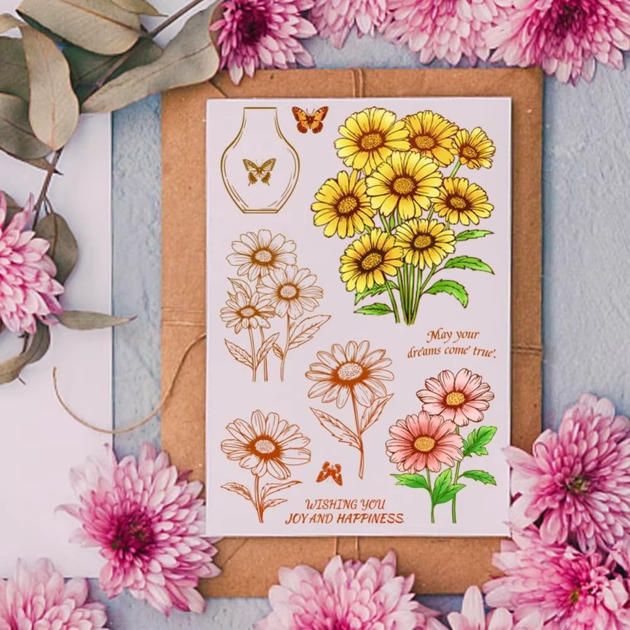 Transparente Silikonstempel mit Gänseblümchenmotiv und Schmetterlingsvase zum Basteln - Bild 2