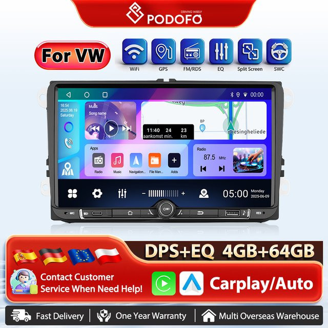 Podofo 9 Zoll Android Autoradio mit 4 GB RAM und 64 GB Speicher, Wireless CarPlay und Android Auto, Schwarz, mit GPS, Bluetooth, WiFi und DSP Multimedia Player für dein Fahrzeug - Bild 1