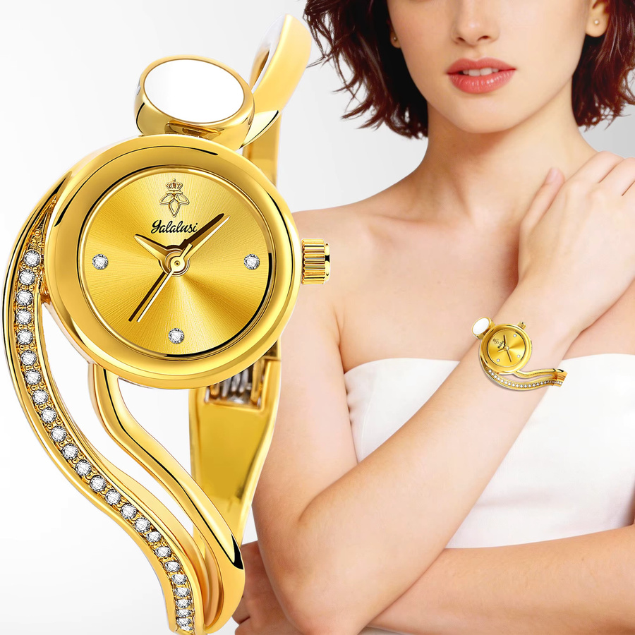 YaLaLuSi Armbanduhr, Diamantbesetzt, Quarz, Gold, Edelstahl, Damen - Bild 2