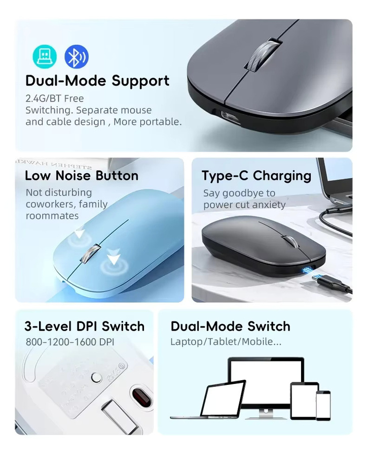 Lenovo Kabellose Maus in Silber mit USB-C Schnellladung, Silent Click und Dual-Mode Bluetooth sowie 2,4G für mehrere Geräte mit 4 einstellbaren DPI - Bild 3