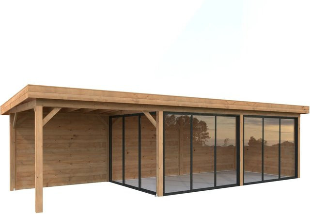 Palmako Pavillon Lenna Set 417 Slide in Braun aus Fichtenholz mit Alu-Schiebetüren und Flachdach, B/H/T: 876 x 245 x 300 cm - Bild 1