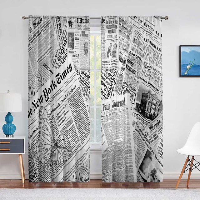 Transparenter Vorhang im Vintage-Stil mit historischem Zeitungsmuster von Binchi Outdoor Equipment, Farbe Weiß, B/H: 100 x 250 cm - Bild 1