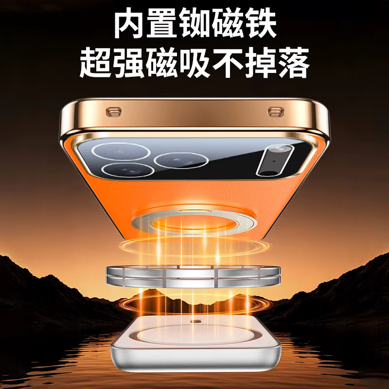 Magnetische Handyhülle mit Lychee-Ledertextur und 360 Grad drehbarer Metallhalterung für iPhone 17 16 15 14 13 Pro Max und 17Air in Rot und Orange - Bild 3