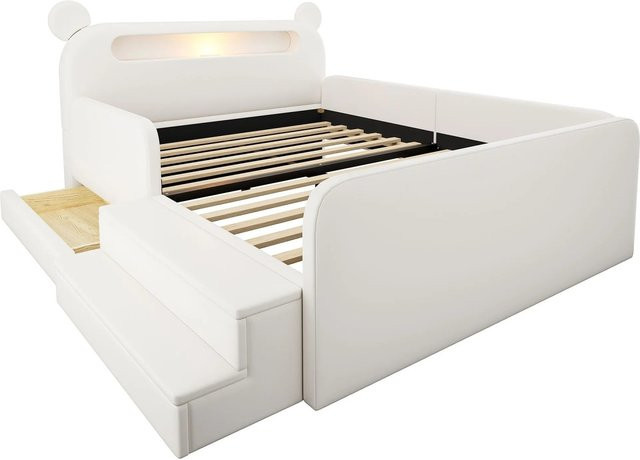 okwish Polsterbett für Kinder mit Bärenkopfteil in Weiß, B/T/H: 140 x 200 x 103,5 cm, inklusive USB-Ladeport, Leselicht und Unterbettbeleuchtung - Bild 1