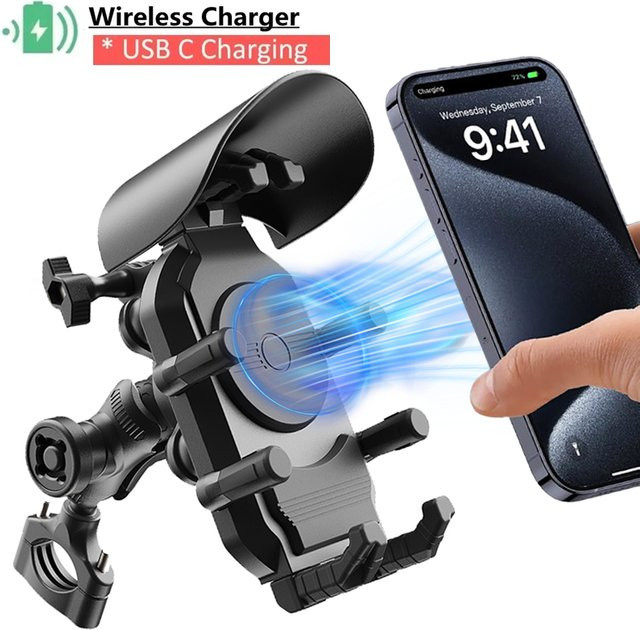 VIKEFON Stoßfester Motorrad-Telefonhalter mit 15 W kabellosem Ladegerät und 30 W USB-C Schnellladefunktion in Schwarz - Bild 1