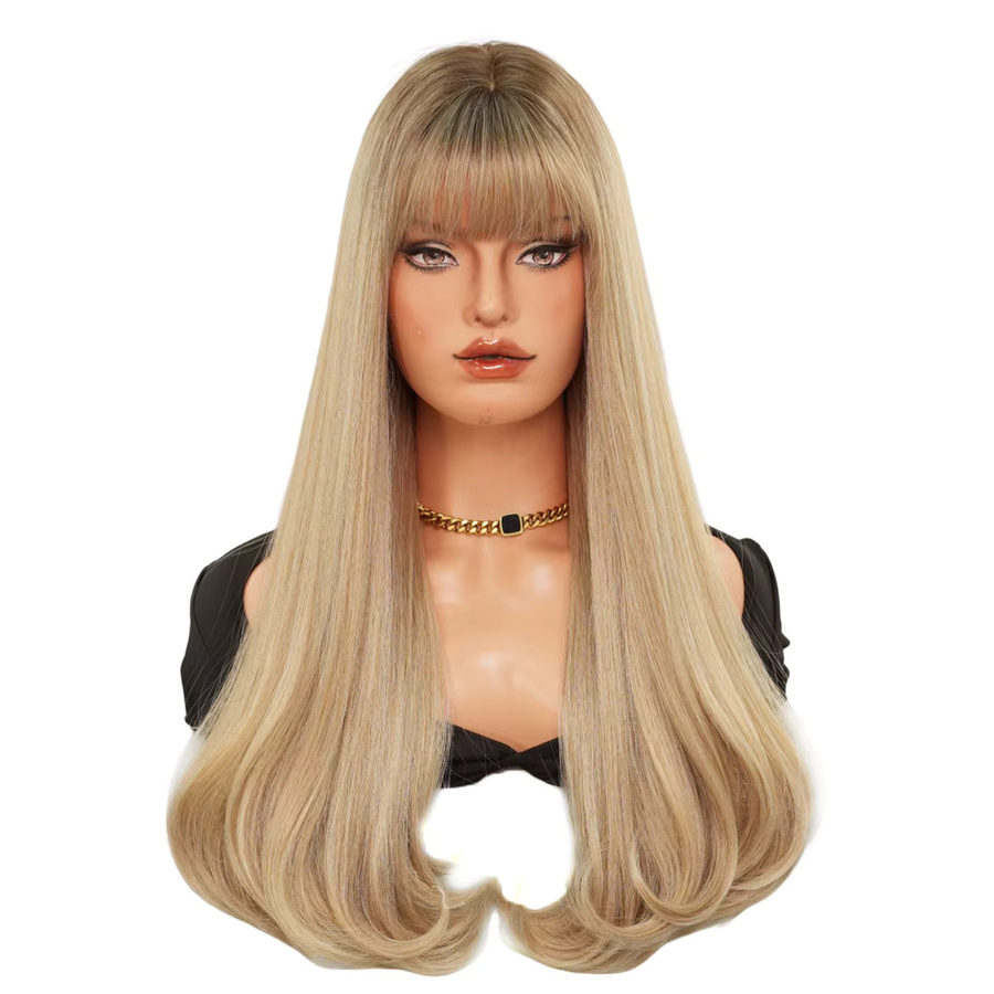 7JHH WIGS Perücke für Damen, lange blonde Haare, gewellt mit Pony - Bild 2