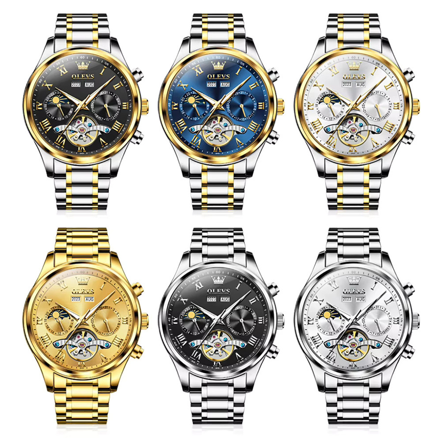 OLEVS Armbanduhr Automatik, Edelstahl, Schwarz, Silber, Herren - Bild 5