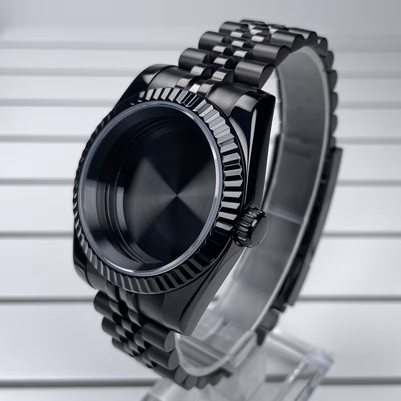 MACARLON Uhrengehäuse Edelstahl, 39 mm, Schwarz, Geriffelte Lünette - Bild 2