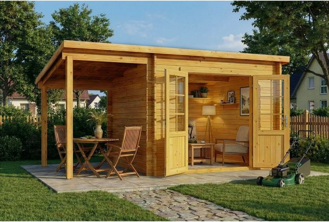 Alpholz Gartenhaus Maria aus Pinie mit Pultdach in Hellbraun, Wandstärke: 34 mm, B: 450 cm, T: 269 cm - Bild 1