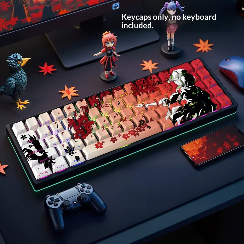 Bandai Sakura Tastenkappen für mechanische Tastaturen im Kirschprofil, PBT-Material, seitlich bedruckt und durchscheinend, Anime-Design in Weiß und Multicolour, kompatibel mit 104 und 108 Layouts - Bild 2