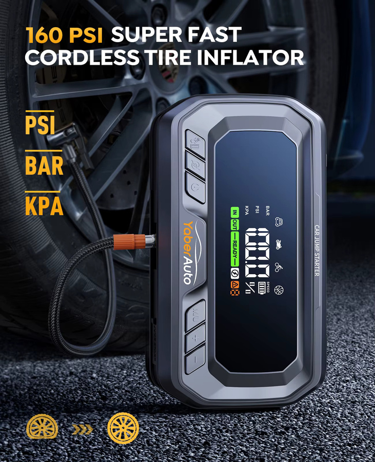 Yaber 4 in 1 Starthilfe Power Bank mit 6000A Auto Booster, 65W PD Ladegerät und 160PSI Reifenpumpe, Farbe: Schwarz - Bild 1