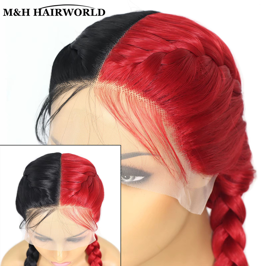 M&H HAIRWORLD Lace-Front-Perücke, Doppel-Dutch-Box-Zöpfe, Damen, halbrot-schwarz, 66 cm - Bild 3