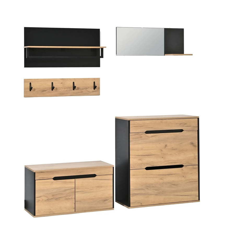 Merax Garderoben Set modern in Schwarz und Braun mit Schuhschrank, Spiegel, Sitzbank und Kleiderhaken, B/T/H: 156 x 36 x 176 cm - Bild 2
