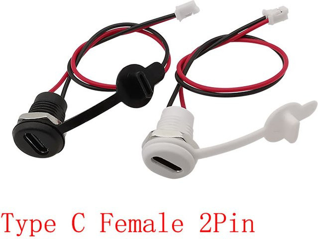 USB Typ-C Buchse auf JST PH 2,0mm 2-Pin Ladeanschluss Kabelverbinder mit Mutter zur Panelmontage und Abdeckkappe in Schwarz - Bild 1