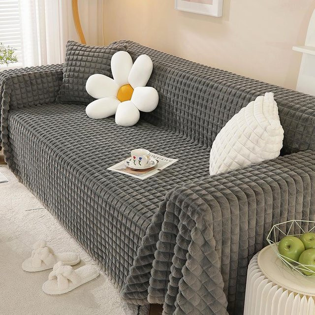 A Family Of Home Textiles Sofabezug aus grauem Kaninchen-Plüsch, modern und rutschfest, B/T: 160 x 130 cm - Bild 1