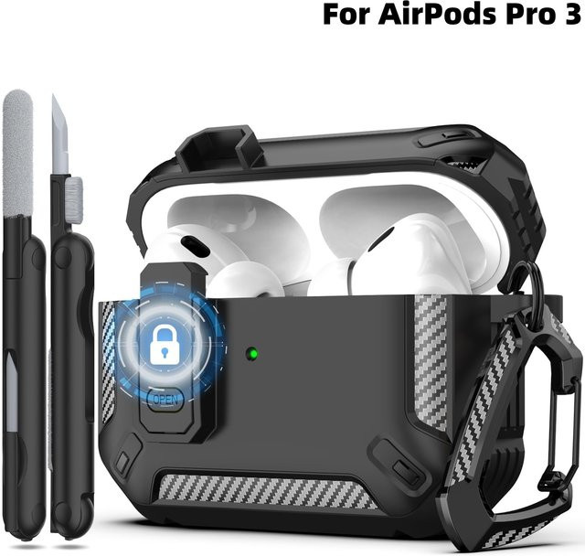 Schutzhülle für Apple AirPods Pro 3. Generation mit Sicherheitsverschluss, Schlüsselanhänger und Reinigungsset in Schwarz oder Blau - Bild 1