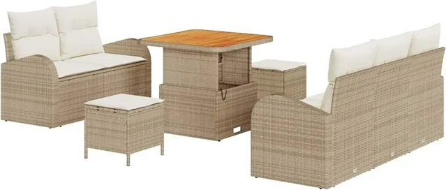 vidaXL Garten-Sofa-Set 8-teilig aus Poly-Rattan und Akazienholz in Beige-creme mit Polstern und Tisch - Bild 1