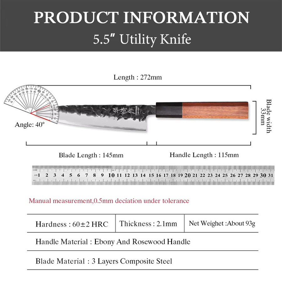TUEWHO Japanisches Universal-Küchenmesser aus handgeschmiedetem 3-lagigem Verbundstahl, 14 cm, Silber - Bild 6