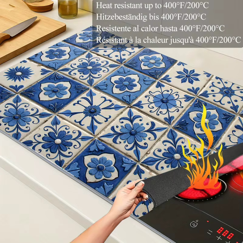 VIKAMA Rutschfestes Ölkissen mit blau-weißem floralem Fliesenmuster als Schutzkissen für Kochfelder und Arbeitsplatten - Bild 4