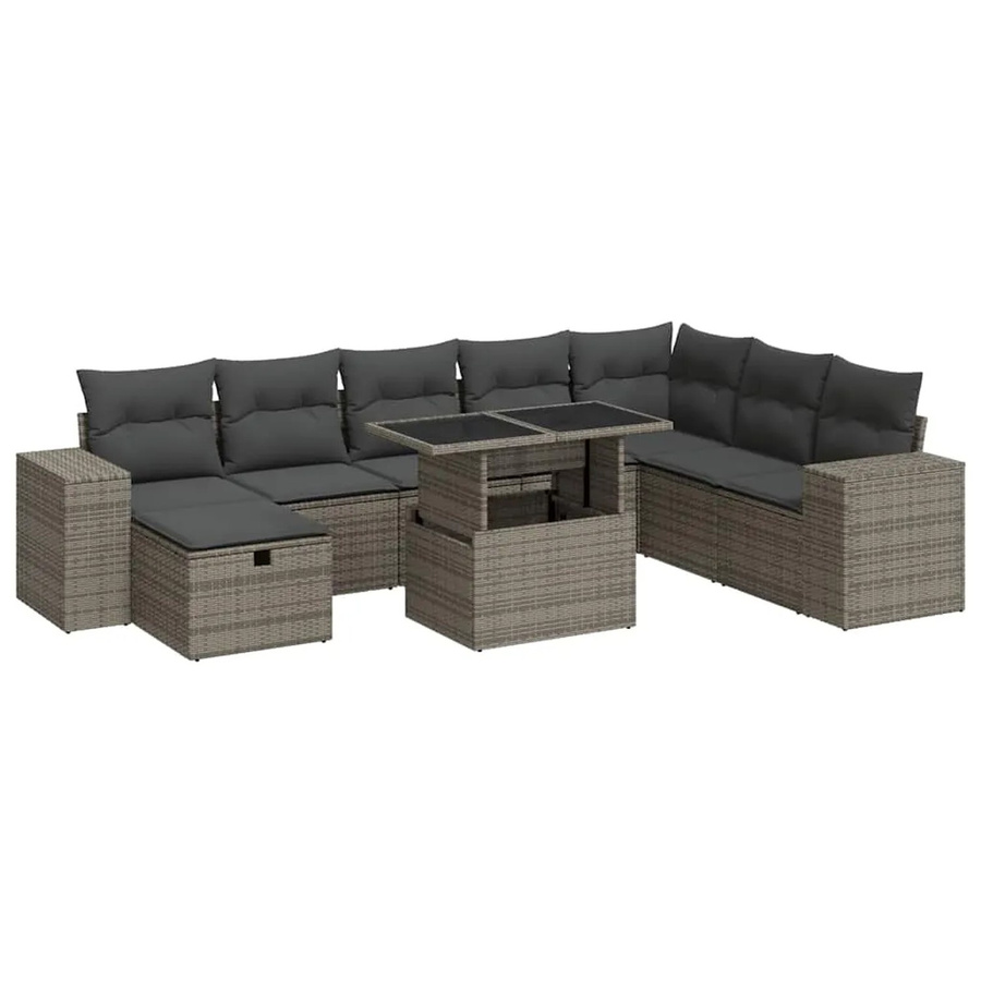 vidaXL 9-tlg. Garten-Sofagarnitur aus Polyrattan in Grau mit Kissen und Couchtisch - Bild 2