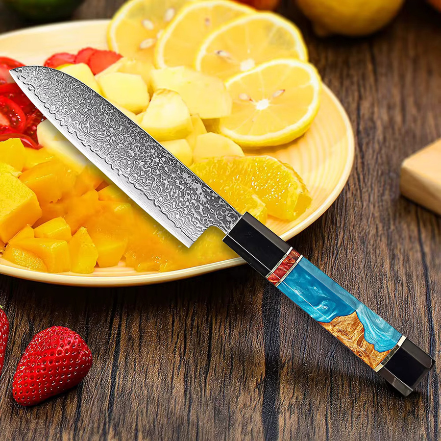 Xituo Santoku Küchenmesser aus Damaststahl mit Harz-Holzgriff in Multicolour, 12,7 cm - Bild 4