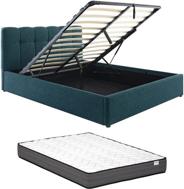 Vente-unique Bett Maziri mit Bettkasten in Blaugrün aus Bouclé-Stoff B/T/H: 140 x 190 cm - Bild 1