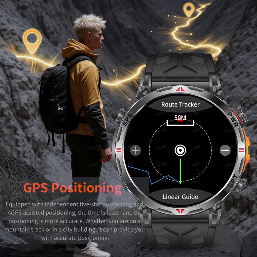 Vwar T-Rex3 Pro Military Smartwatch mit GPS, Kompass und Bluetooth für Anrufe, 5ATM wasserdicht, Farbe: Orange/Schwarz - Bild 2