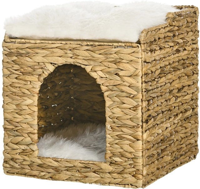 PawHut Katzenhaus aus Wasserhyazinthe mit 2 Ebenen und Kissen in Braun und Beige - Bild 1