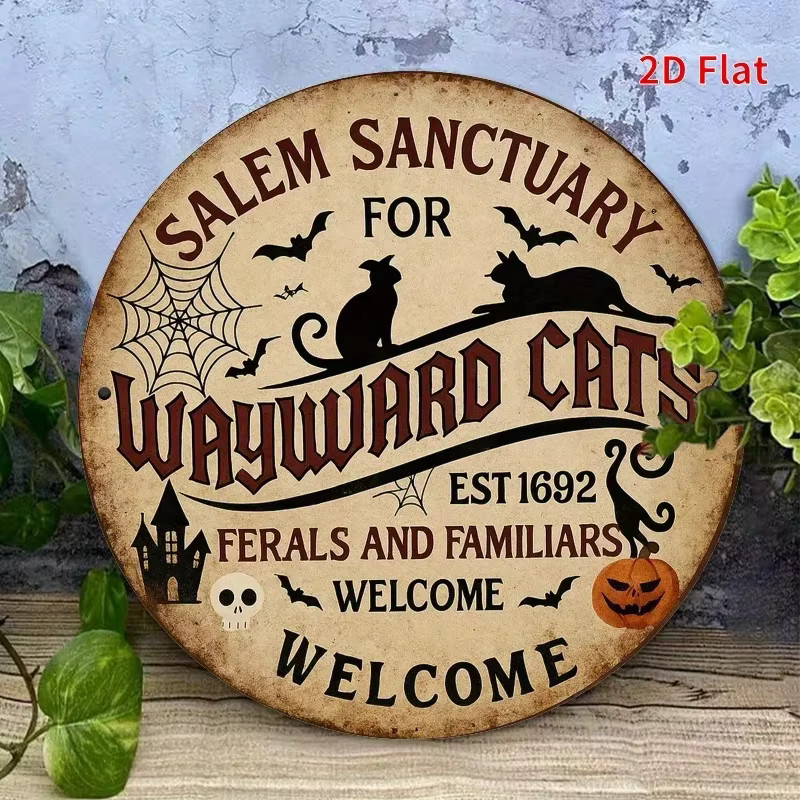 Salem Sanctuary for Cats Halloween-Schild von Potdemiel – Schwarze 2D-Wanddekoration mit Fledermäusen und Kürbissen - Bild 4