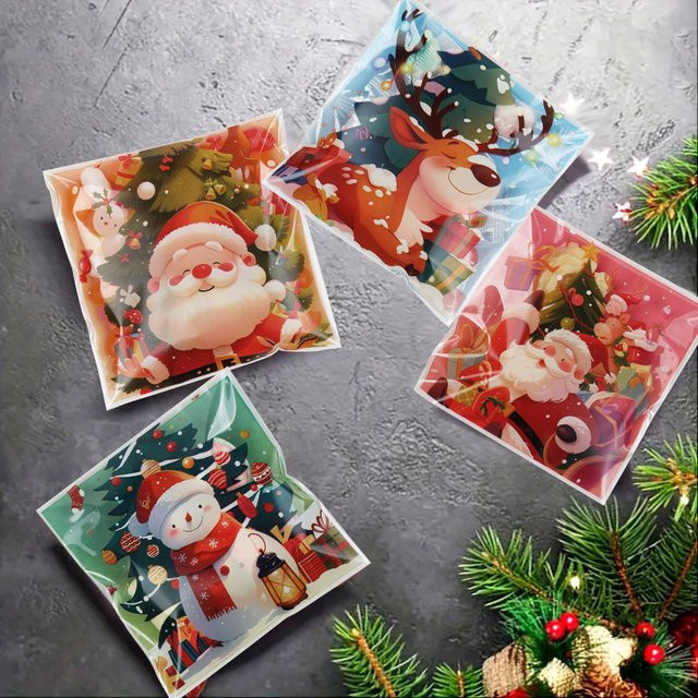 100 Stück Selbstklebende Cartoon Weihnachts Geschenkverpackung OPP Taschen für Süßigkeiten und Cookies zur Partydekoration - Bild 1