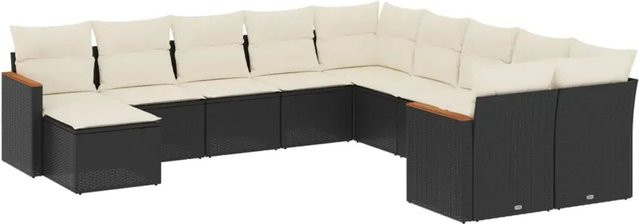 vidaXL 11-tlg. Garten-Sofagarnitur in U-Form aus Poly-Rattan und Akazienholz mit Kissen, Schwarz - Bild 1
