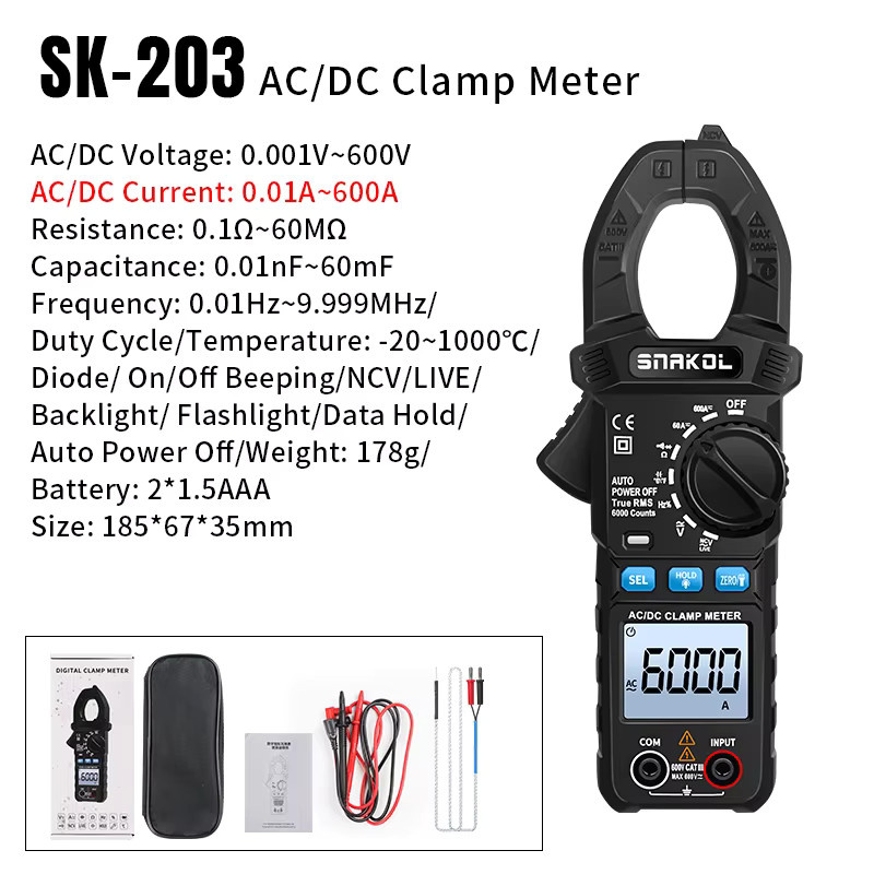 SNAKOL Digitales Zangenmultimeter 600A AC/DC Strom- und Spannungsmesser mit NCV-Spannungserkennung für professionelle Elektriker - Bild 5